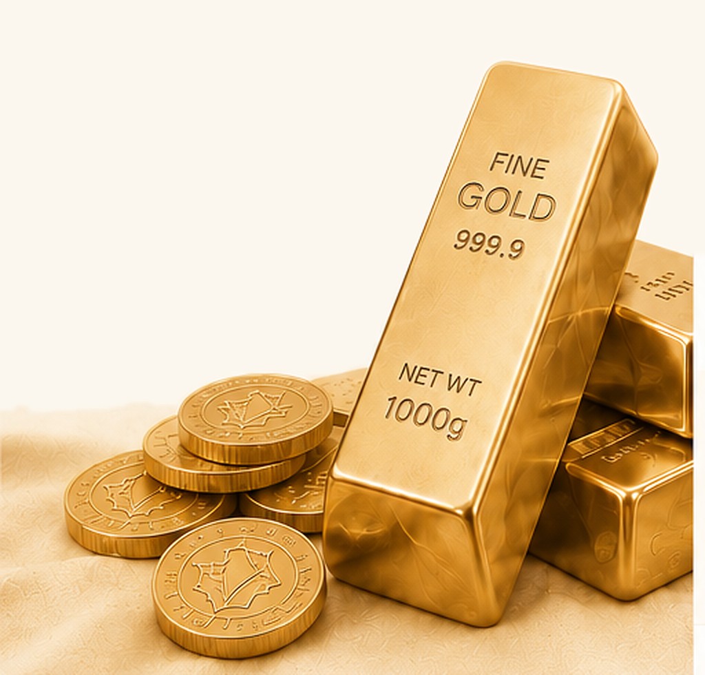 Fine gold bars and coins